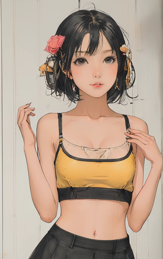 (Pink camisole Pull up your skirt to show your panties Gravure Pose Very detailed down to the smallest detail clear outlines Beautiful face Beautiful skin) thin-waist A slender ribbed skinny limbs teats cleavage of the breast Beautiful breasts a short bob Uterine mouth Beautiful fingertips alone, One girl, profile,Black Bob, profile, The background color is solid yellow,An illustration Anime style、