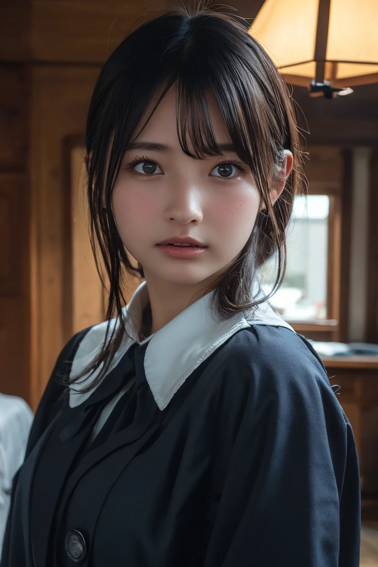 (Highest quality:1.4),(masterpiece:1.4),(Realistic:1.4),(Realistic:1.2),(超High resolution, RAW Photos:1.4),(High resolution, Ultra-detailed:1.2),(8K:1.2),View your viewers,Cinematic photography,One girl,skeletally correct,Black-haired woman,(Orihime Cosplay,View from the front),(Western-style building interior,Dimly lit room,The lamplight shines on my cheeks)