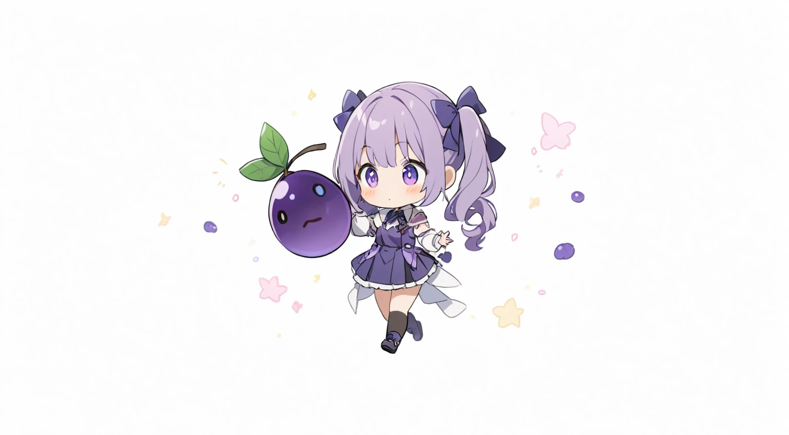 A girl with purple ponytails holding a purple blueberry 