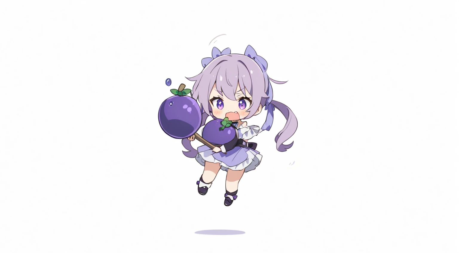 A girl with purple ponytails holding a purple blueberry 