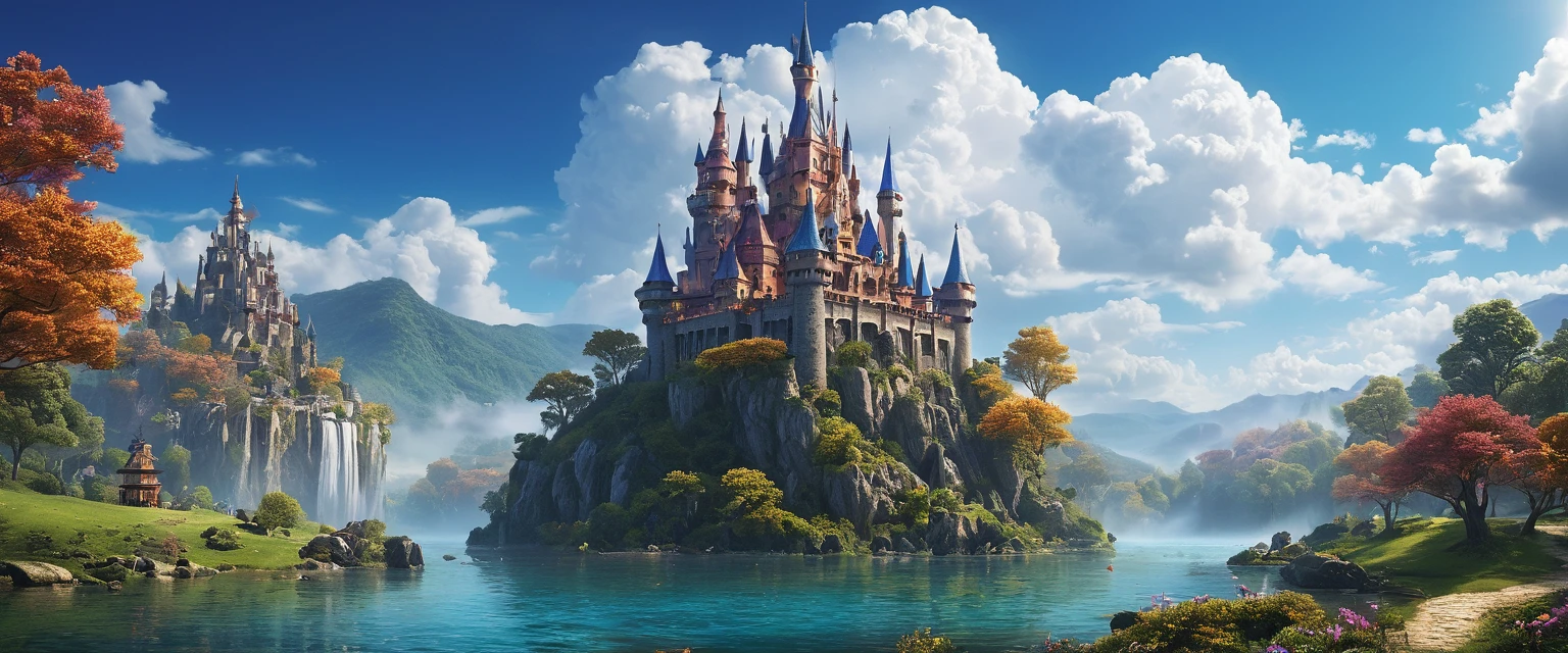 a moving castle,enchanted castle,spectacular moving fortress,beautifully wrought masterpiece:1.2,ultra-detailed,realistic:1.37,animating bricks and stones:moving,spiraling towers and flags,vibrant colors,glowing windows,enchanted forest,magic and fantasy elements,royal architecture and design,ancient secrets and mysteries,captivating,ethereal atmosphere,majestic,grandiose,imposing presence,roaming through landscapes,ever-changing surroundings,magical creatures,clouds of magic and spells,whimsical,otherworldly,sublime,unfathomable beauty,floating on a river of dreams,surreal,mesmerizing,lost in time,ever-evolving,powerful,enchanted by the unknown,dream-like,spellbinding,irresistible,joyful,unforgettable journey, wide view.