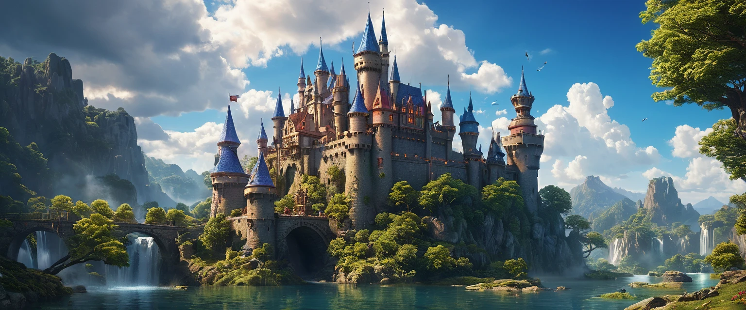 a moving castle,enchanted castle,spectacular moving fortress,beautifully wrought masterpiece:1.2,ultra-detailed,realistic:1.37,animating bricks and stones:moving,spiraling towers and flags,vibrant colors,glowing windows,enchanted forest,magic and fantasy elements,royal architecture and design,ancient secrets and mysteries,captivating,ethereal atmosphere,majestic,grandiose,imposing presence,roaming through landscapes,ever-changing surroundings,magical creatures,clouds of magic and spells,whimsical,otherworldly,sublime,unfathomable beauty,floating on a river of dreams,surreal,mesmerizing,lost in time,ever-evolving,powerful,enchanted by the unknown,dream-like,spellbinding,irresistible,joyful,unforgettable journey, wide view.