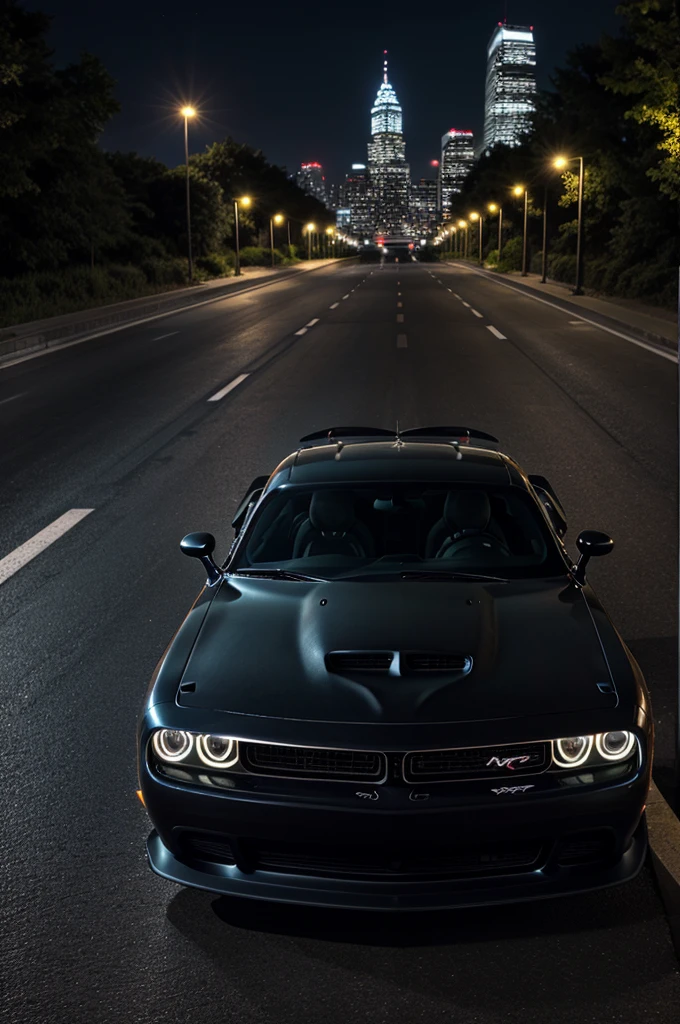 Dodge challenger srt hellcat black car on a road at night