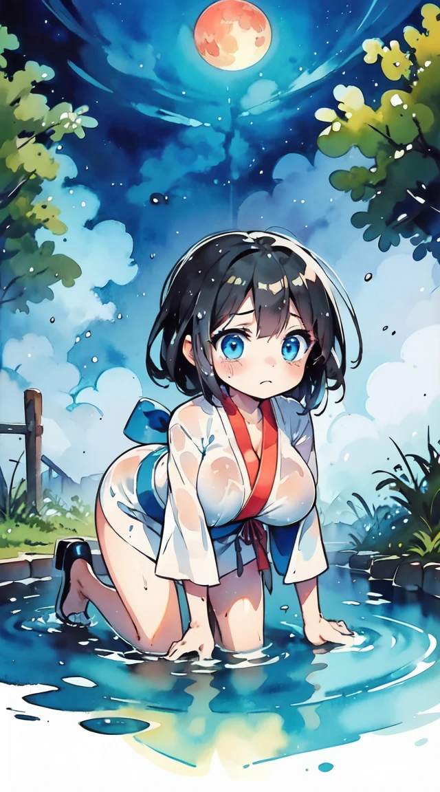 MASHIROTOUKO, BLACK HAIR, LOW TWINTAILS, HAIR OVER SHOULDER, HAIR RIBBON, BLUNT BANGS, LONG HAIR, BLACK EYES,  1girl, solo, nsfw,, (wearing nothing: 1.5), large breasts., empty eyes , nipple, big breasts, Abandoned amusement park、 file, crying ,flooding, abandoned hospital, heavy snowfall, frozen, whole body, Peeing, lactation, projectile lactation