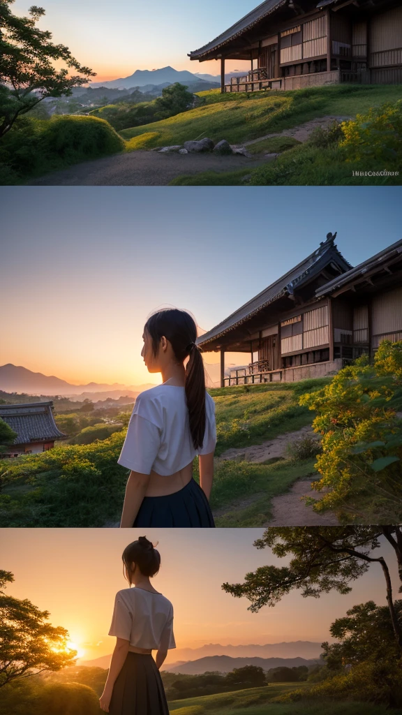 Landscape painting、Japanese village scenery、Photo Style、evening、A high school girl is standing facing backwards、Back view、evening、sunset、