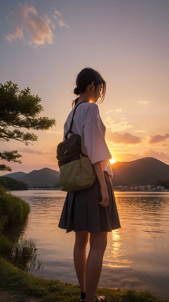 Landscape painting、Japanese village scenery、Photo Style、evening、A high school girl is standing facing backwards、Back view、evening、sunset、