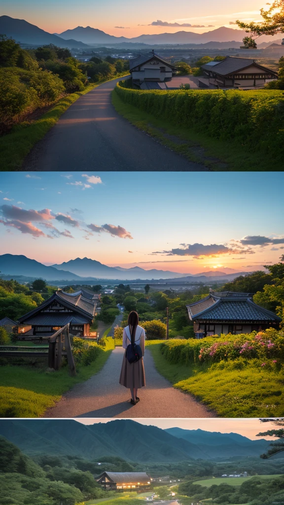 Landscape painting、Japanese village scenery、Photo Style、evening、A high school girl is standing facing backwards、Back view、evening、sunset、