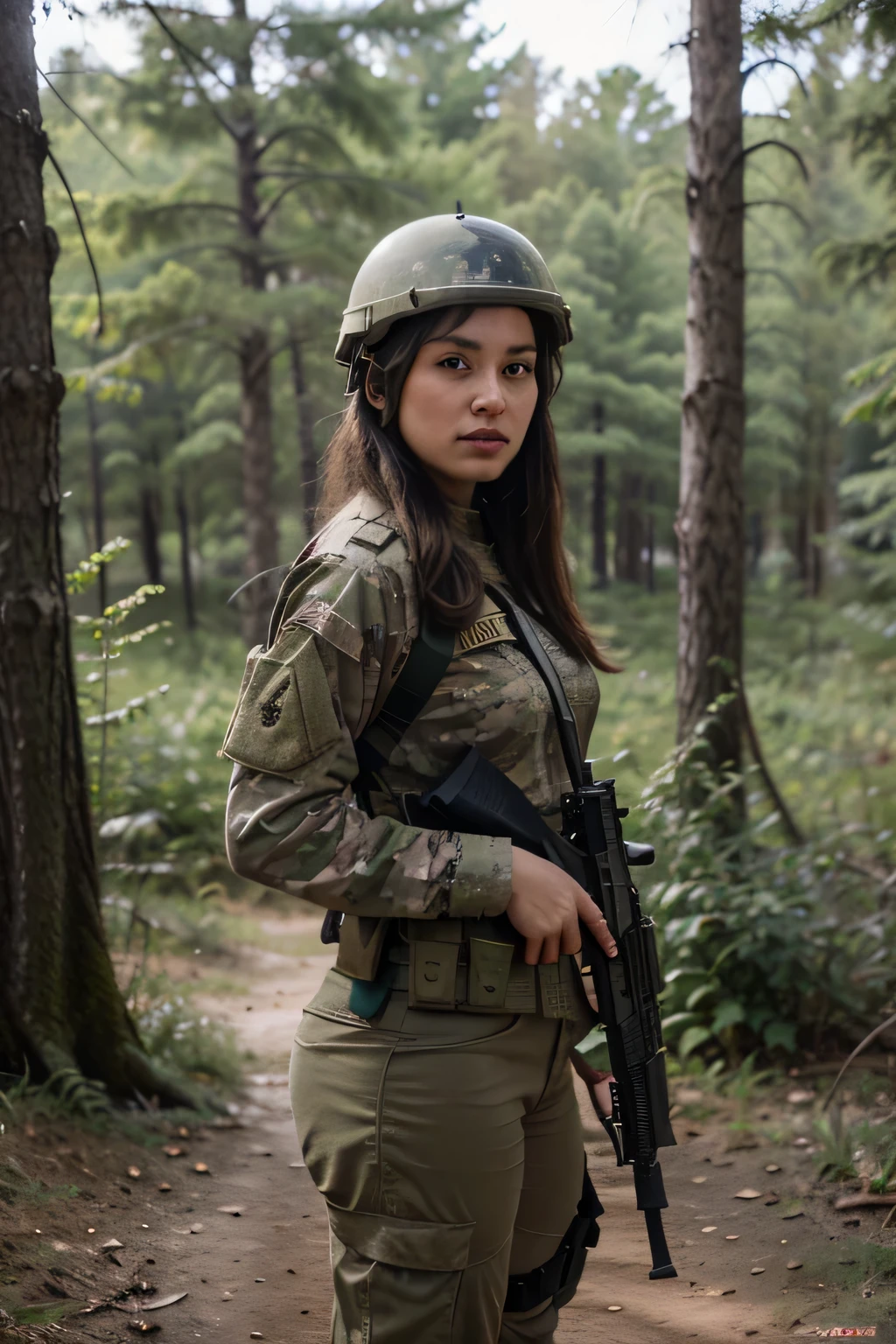 Masterpiece, a indian female 32 year old Private Military Contractor in full combat gear patroling in a middle Eastern forest, beautiful high detailed ultra realistice face, an arafed soldier in camouflage with rifle and helmet standing in a forest, realistic soldiers, of a sniper girl in war, beautiful female soldier, infantry girl, realistic military gear, portrait of a female soldier, portrait of soldier girl, mechanized soldier girl, military girl, soldier girl, female lead character, realistic military equipment, future soldier clothing, full soldier clothing, 16K, ultra high res.photorealistic, UHD, RAW not looking at pic from side army cars and forest in background 