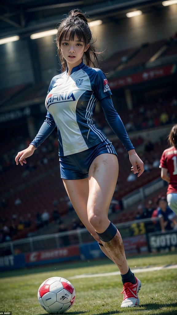Highest quality, High resolution:1.2, Very detailed, Realistic:1.3, ((Beautiful woman))、((Super tight uniform))、((Big Breasts))、Vibrant colors, play soccer,((Blunt bangs))、Various Hair Styles、Different hair colors、With bangs、Wet Hair, concentrate, splash, Action Shots, Grass blotches, Muddy ground, Wet turf, decide, Fast-paced games, Athletic physique, Shiny soccer ball, Wet Uniform, raindrop, Blurred motion, ボールにconcentrateする, Intense competition, Skillful dribbling, Energetic play, Teamwork, powerful shoots, Wet pitch, Passionate sports, Fierce decide, Humid atmosphere, Fluid movement, emotional expression、Dramatic lighting, Women's Sports, Avid athletes, Exciting Games, Endure, Excited state, Speed and agility, Energetic play, 濡れたsplash、smile、((Red uniform)