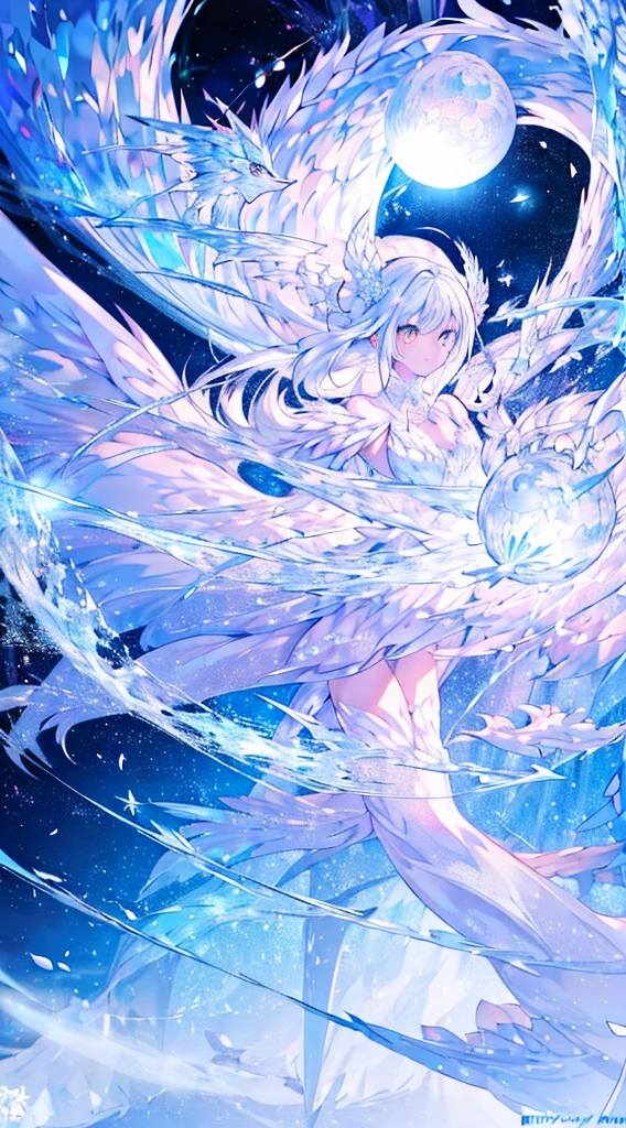 white dragon girl,(Cute Girl),age girl,stare,Absolutely beautiful.,exquisite face,white fluorescent tulle,A small white dragon surrounded him.,white flame particle effect,Dragon Feather Decorated with white feathers.,((Cute face)),glowing scales,Focus on the face,Detailed background,white dragon background,splash of color,Masterpiece,soft,angel,angelอากาศกระพือ,Surreal and realistic,Popular CG renderings,Highest picture quality,crystal,big moon moonlight background,Moisturized lips,8K