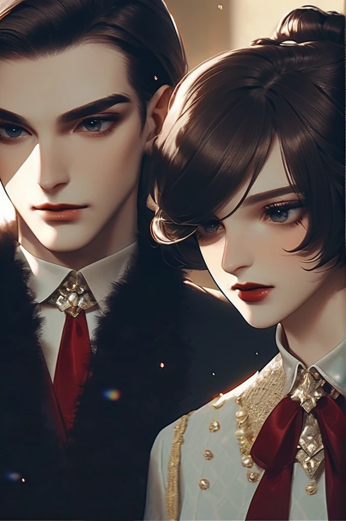 ((Лучшее качество)), ((шедевр)), (подробный), A guy with dark hair put a red-hot revolver to the lips of a dark-haired girl