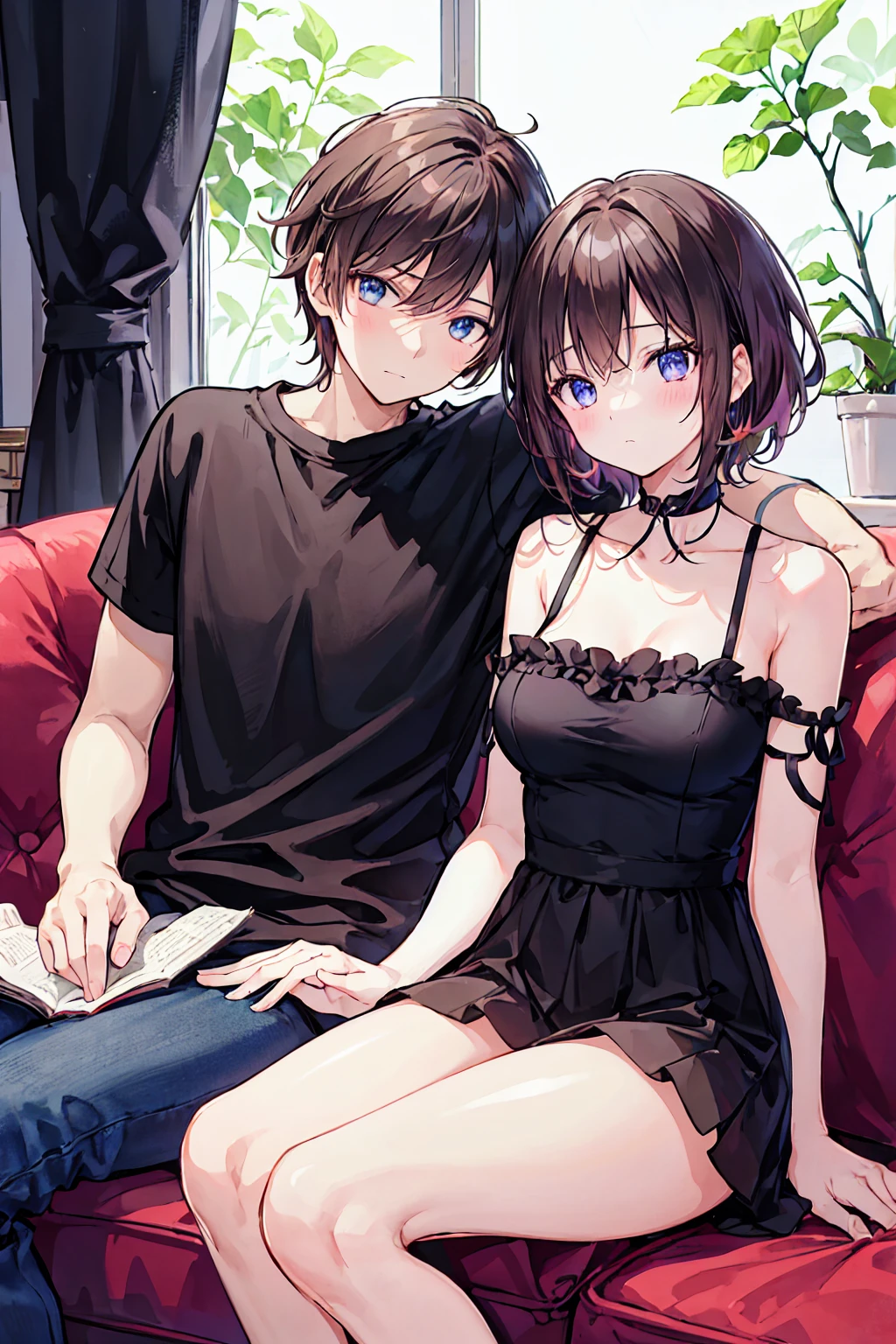 Couple in their 20ale1名, woman1名、Both men and women should wear casual attire.、Shiny atmosphere、woman（Medium long brown hair）close ~ eye、Sweet Sigh、male（Black Short Hair、右手をwomanの頬に当てる）tightly close your eye、With background（room、sofa）、The night deepens、dark、Anatomically correct limbs、The girl is a little thin，The two of them are a little awkward.