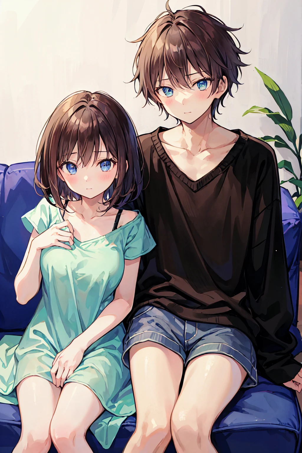 Couple in their 20ale1名, woman1名、Both men and women should wear casual attire.、Shiny atmosphere、woman（Medium long brown hair）close ~ eye、Sweet Sigh、male（Black Short Hair、右手をwomanの頬に当てる）tightly close your eye、With background（room、sofa）、The night deepens、dark、Anatomically correct limbs、The girl is a little thin，The two of them are a little awkward.