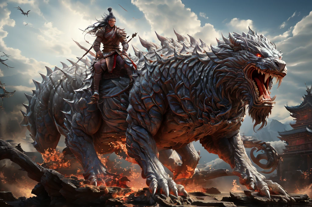 dahuangdongjing,masterpiece,ultra high resolution,high quality,real,lifelike,reality,exquisite details,unreal engine 5,(thunder:1.2),clear layered hair,white fur,glowing eyes,ride,huge body comparison,the existence of terror,dragon,scale,