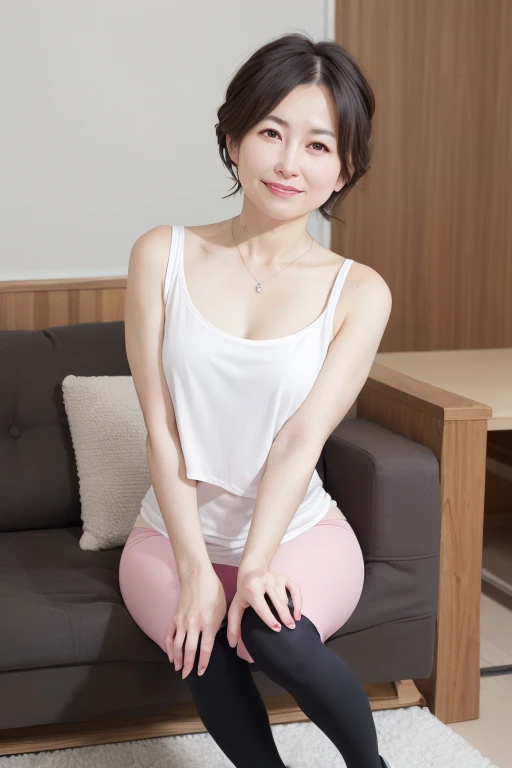 8K, Two beautiful mature women, 55-year-old Japanese woman, Married women, ring, Fine Lines, Long eyelashes, Sparkling eyes, Bob Hair, Red lipstick, Pink Cheeks, eye shadow, Pearl Necklace, Beautiful ass, Soft butt, Attractive ass, There are fine wrinkles, Mystical Eyes, Expressive eyes, Beautiful Skin, The body is slim, Beautiful body, Looking for a man, Condescending attitude, See-through tank top, See-through leggings, Beautiful hair ornaments, 淡いPink Cheeks, Soft Light, Western-style room, High quality photos, Vibrant colors, Bokeh effect, Delicate depiction, (Full body emphasis), short hair, Low Ponytail, Second, Sit on the sofa, Spread your legs