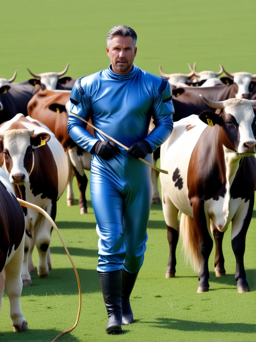 ((best quality)), 3D images, Sadomasochistic shepherd in a latex suit herding cows in a satin field, hyperrealism, 