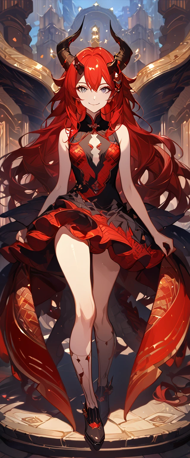 masterpiece, best quality, 8k ,4k , 1girl, age girl, dragon girl, red hair, gray eyes, big , slender waist, small waist, small thigh, horn, hair ornament, finely detailed eyes and detailed face, looking at viewer, Black sleeveless top, gradually transparent embroidery skirt, skirt to the knee, majestic looks, smiling gently, Lace dress, patterned clothes, red scale scattered pattern clothes, meticulous clothes, revealing clothes, mature clothes, majestic looks, smiling gently, small bird, full body, artist : ask, art style : ask