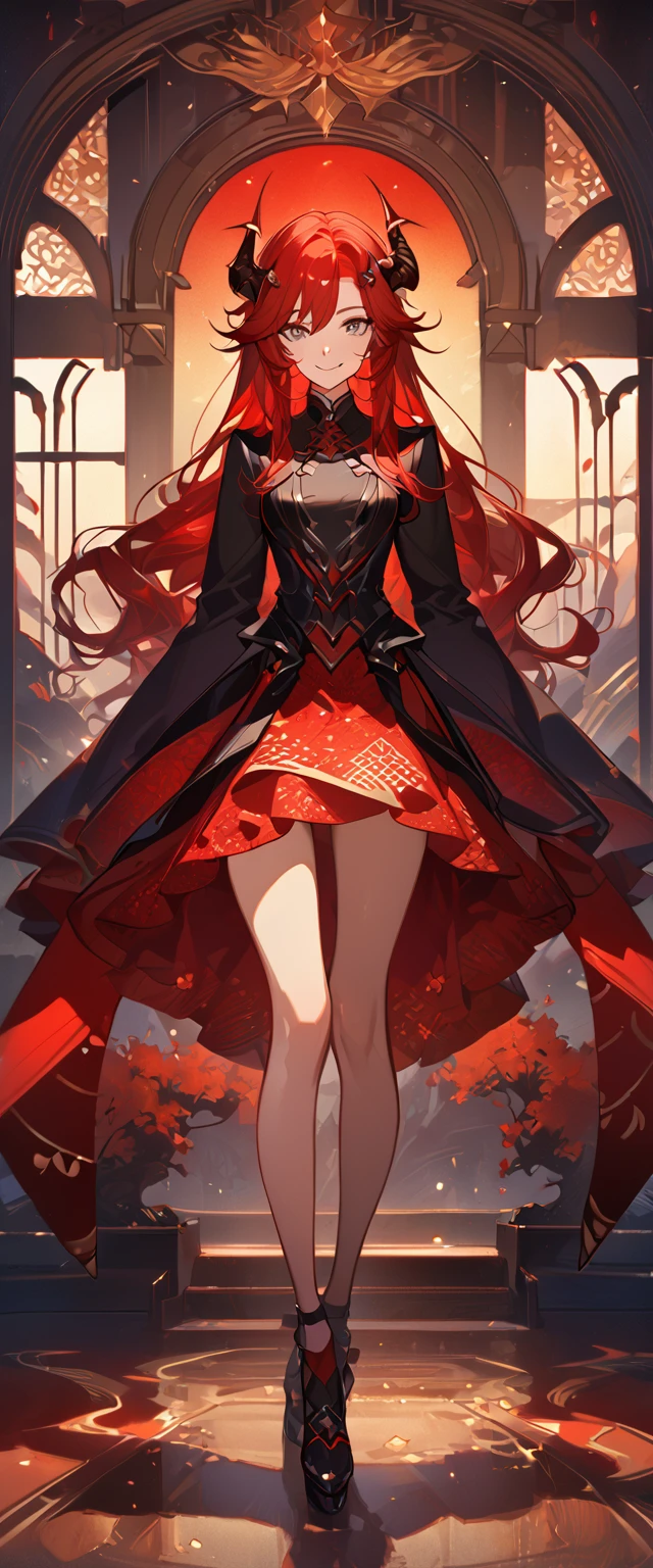 masterpiece, best quality, 8k ,4k , 1girl, teenage girl, dragon girl, red hair, gray eyes, big , slender waist, small waist, small thigh, horn, hair ornament, finely detailed eyes and detailed face, looking at viewer, Black sleeveless top, gradually transparent embroidery skirt, skirt to the knee, majestic looks, smiling gently, Lace dress, patterned clothes, red scale scattered pattern clothes, meticulous clothes, revealing clothes, mature clothes, majestic looks, smiling gently, small bird, full body, artist : ask, art style : ask
