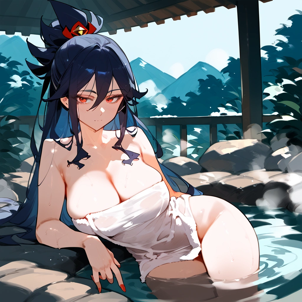 anime artwork, score_9, score_8_up, score_7_up, score_6_up, score_5_up, score_4_up, Nemuri Kayama, big breasts, she is 24 years old, style_3, floox style, , , onsen, nude,naked, towel, solo