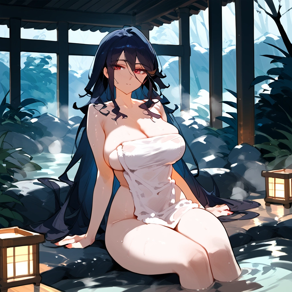 anime artwork, score_9, score_8_up, score_7_up, score_6_up, score_5_up, score_4_up, Nemuri Kayama, big breasts, she is 24 years old, style_3, floox style, , , onsen, nude,naked, towel, solo