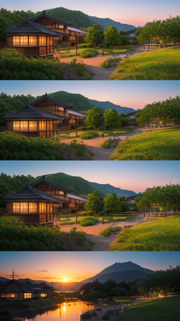 Landscape painting、Japanese village scenery、Photo Style、evening、evening、sunset、