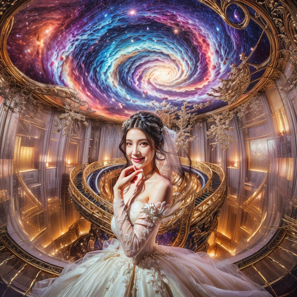 a woman in a wedding dress standing in a room with a spiral ceiling, smiling, goddess of galaxies, ethereal fantasy, wide angle fantasy art, 4k highly detailed digital art, ethereal beauty, fantasy space, fantasy beautiful, fantasy photography, digital art fantasy, inside her surreal vr castle, of ethereal fantasy, strange portrait with galaxy, goddess of space and time, 8k selfie photograph