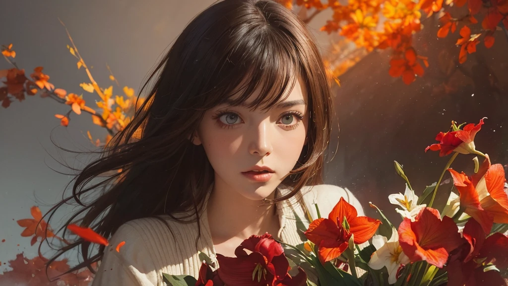 32k, Masterpiece, Highest quality, One girl, Brown Hair, Detailed eyes, flower,Amaryllis, Red and yellow style,A dreamy, romantic piece,Pale orange, Mysterious Leaves,A playful arrangement,Fantasy,High Contrast,Ink strokes,explosion,Exposure, Impression of red and orange tones,Abstract,((Watercolours by John Berkey and Jeremy Mann )) Brush strokes,Negative Space, Tyndall effect, White background