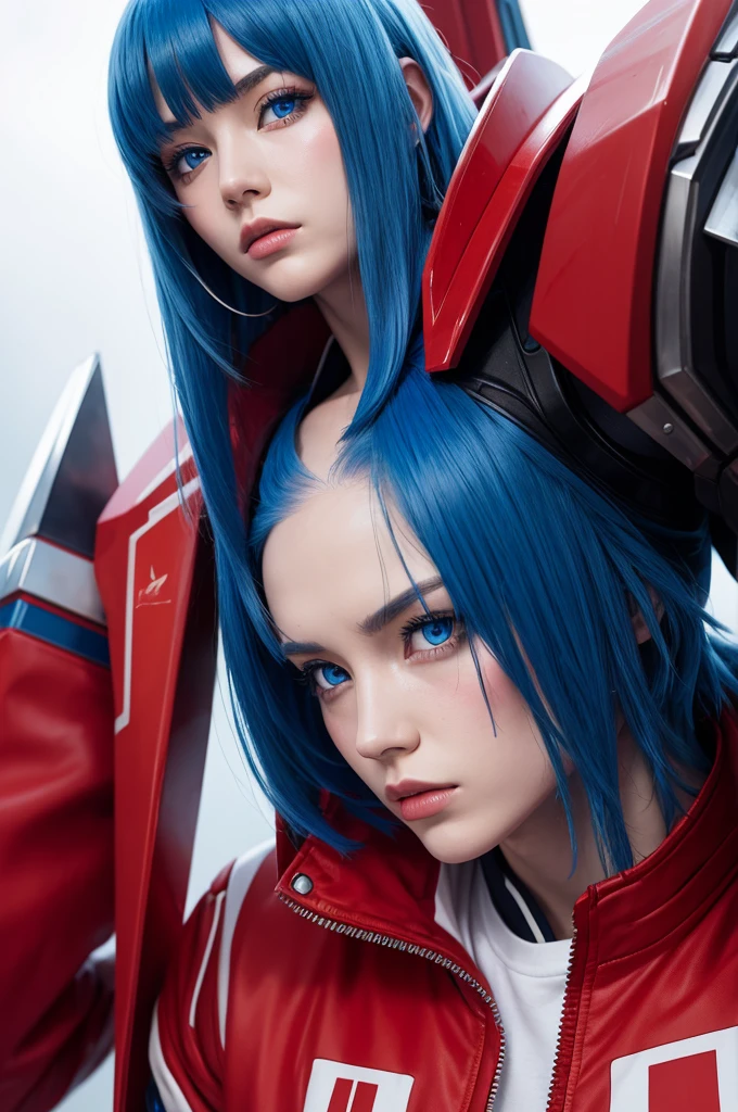 Bishoujo Optimus Prime with red jacket and white shirt with blue hair and blue eyes 