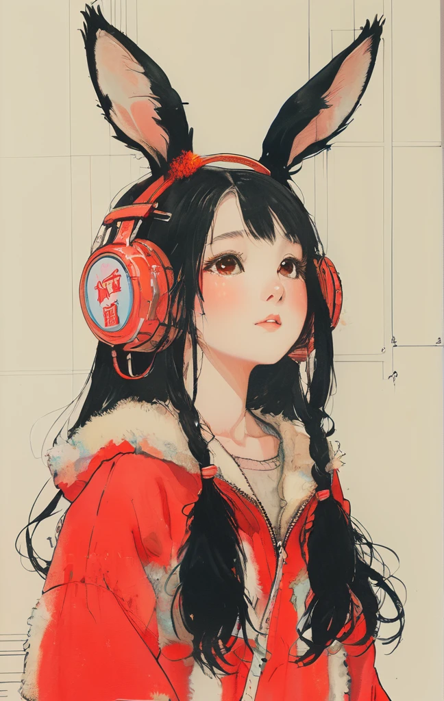 On a bright red campus"YES"Character、beautiful illustration, best quality, cute girl, bedroom, pastel color, fluffy bunny ears, , silver long hair, rabbit stuffed toy, bright lighting, light pink eyes、alone, One girl, profile,Black Bob, profile, The background color is solid yellow,An illustration