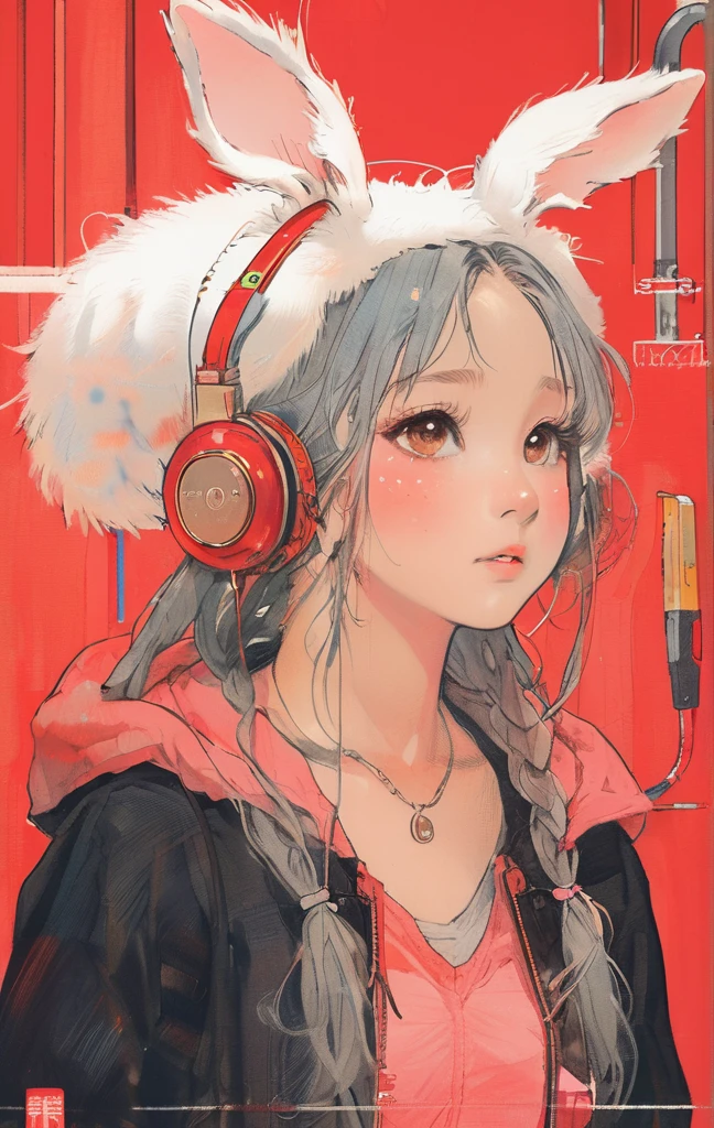 On a bright red campus"YES"Character、beautiful illustration, best quality, cute girl, bedroom, pastel color, fluffy bunny ears, , silver long hair, rabbit stuffed toy, bright lighting, light pink eyes、alone, One girl, profile,Black Bob, profile, The background color is solid yellow,An illustration