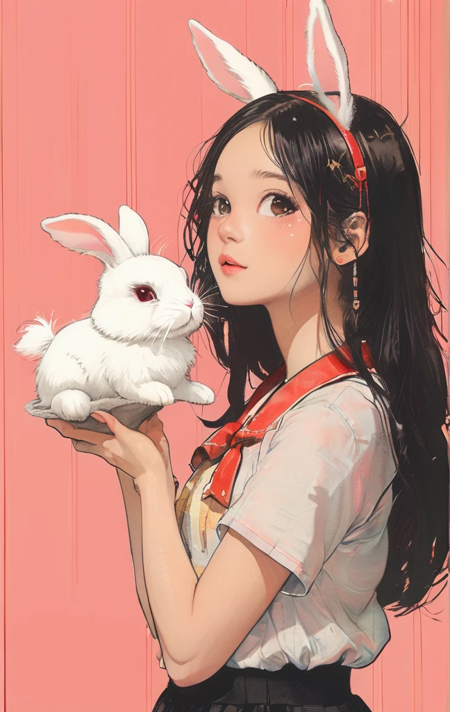 On a bright red campus"YES"Character、beautiful illustration, best quality, cute girl, bedroom, pastel color, fluffy bunny ears, , silver long hair, rabbit stuffed toy, bright lighting, light pink eyes、alone, One girl, profile,Black Bob, profile, The background color is solid yellow,An illustration