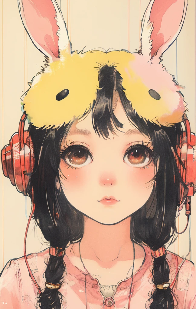 On a bright red campus"YES"Character、beautiful illustration, best quality, cute girl, bedroom, pastel color, fluffy bunny ears, , silver long hair, rabbit stuffed toy, bright lighting, light pink eyes、alone, One girl, profile,Black Bob,　profile,  The background color is solid yellow,An illustration