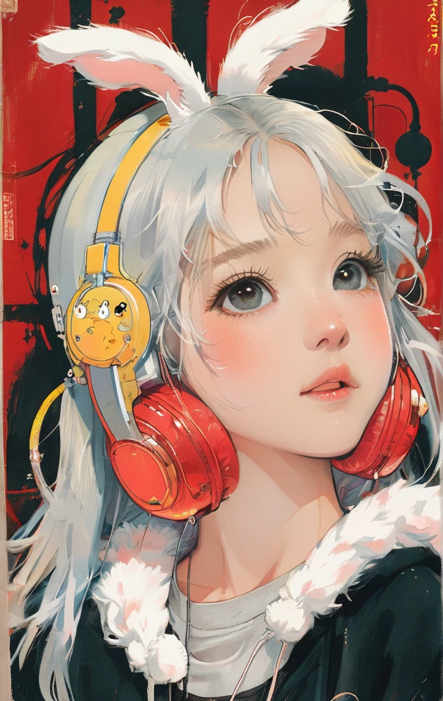 On a bright red campus"YES"Character、beautiful illustration, best quality, cute girl, bedroom, pastel color, fluffy bunny ears, , silver long hair, rabbit stuffed toy, bright lighting, light pink eyes、alone, One girl, profile,Black Bob, profile, The background color is solid yellow,An illustration