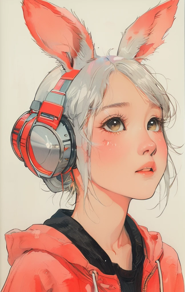 On a bright red campus"YES"Character、beautiful illustration, best quality, cute girl, bedroom, pastel color, fluffy bunny ears, , silver long hair, rabbit stuffed toy, bright lighting, light pink eyes、alone, One girl, profile,Black Bob, profile, The background color is solid yellow,An illustration