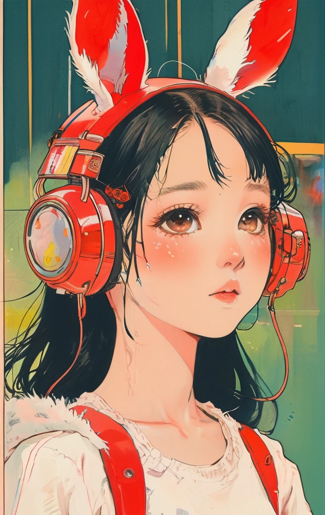 On a bright red campus"YES"Character、beautiful illustration, best quality, cute girl, bedroom, pastel color, fluffy bunny ears, , silver long hair, rabbit stuffed toy, bright lighting, light pink eyes、alone, One girl, profile,Black Bob, profile, The background color is solid yellow,An illustration