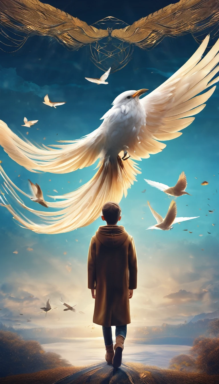 Create a professional, fantastic, cinematic dream-like Youtube Banner for a brand about music, stories, fantasy and dreams called " Penamemoria". Masterpiece, 4k, sharp focus, highest quality,wide shot. The title is " Penamemoria". Is a brand about the creative, unique journey of a boy into becoming a musician storyteller. In his journey he finds inspiration in a world of birds and feathers. Minimalistic, simple, poetic, dreamy logotype at the center of the image. The Background image is a world full of fantastic feathers, unique birds, light blue sky, soft white and light golden. Logo design of a face of a boy and a face of a feather
