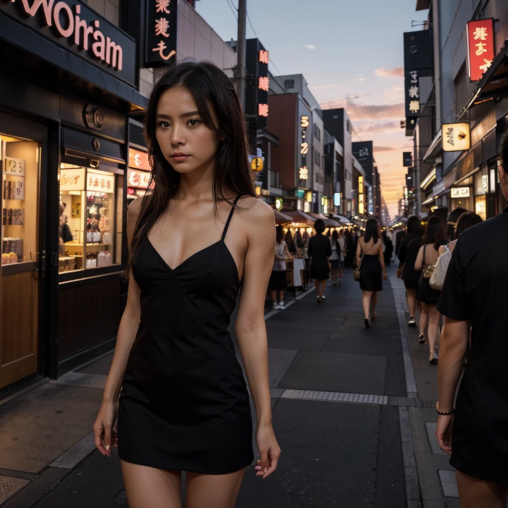 Female supermodel. Black cocktail dress. Dim, soft lighting. Sunset. Sunset.Musashi-Koyama Shopping Street “Palm”, Tokyo, Japan.