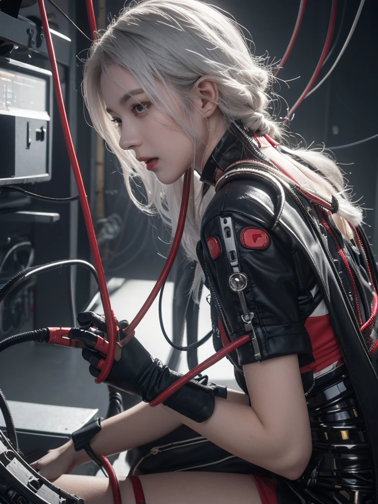 ((((masterpiece))), ((best quality))), ((ultra-detailed)), (CG illustration), ((an extremely delicate and beautiful)),(from side),cinematic light, ((1 mechanical girl)), single, full-body, (machine-made joint: 1.2), ( (mechanical limbs)), (blood vessels connected to tubes), (mechanical spine connected to back), ((mechanical cervical vertebrae attached to neck)), (sitting), forced laughter, (wires and cables around the neck: 1.2), (wires and cables on the head: 1.2) (character focus), sci-fi, extremely thin, colored, the finest white hair, red eyes, in battle, (knotted), (killing), (1 immortal)