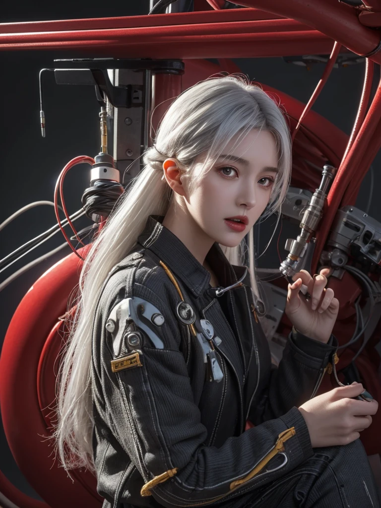 ((((masterpiece))), ((best quality))), ((ultra-detailed)), (CG illustration), ((an extremely delicate and beautiful)),(from side),cinematic light, ((1 mechanical girl)), single, full-body, (machine-made joint: 1.2), ( (mechanical limbs)), (blood vessels connected to tubes), (mechanical spine connected to back), ((mechanical cervical vertebrae attached to neck)), (sitting), forced laughter, (wires and cables around the neck: 1.2), (wires and cables on the head: 1.2) (character focus), sci-fi, extremely thin, colored, the finest white hair, red eyes, in battle, (knotted), (killing), (1 immortal)