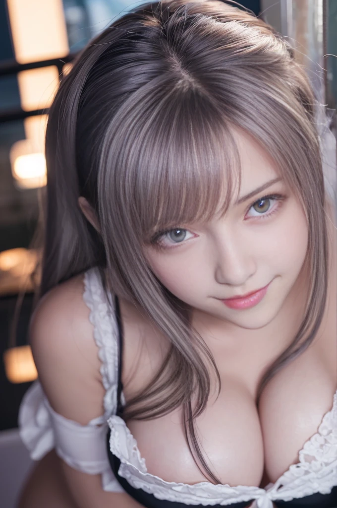 (Best quality, Ultra-detailed, photo-realistic:1.37), hyper HD, High details, Silver-haired woman, NSFW, (medium breast:1.5), Fantastic brown eyes, (smiling broadly), Soft lighting, pink apron, illustration, bangs, Flowing hair, Gentle breeze, Shiny hair, Close-up of black lingerie, mitts, Gradient hair, folded ponytail, blue halo, Glowing eyes, Wide eyes, drunk, Anime style, shadowing, backlit lighting, macro photograph, Close-up, first-person perspective, head out of frame, balcony