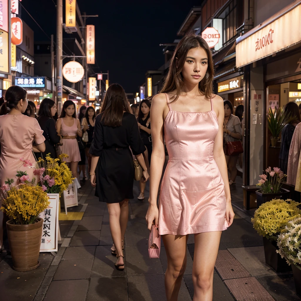 Female supermodel. Pink cocktail dress. Dim, soft lighting. Sunset. Sunset.Musashi-Koyama Shopping Street “Palm”, Tokyo, Japan.