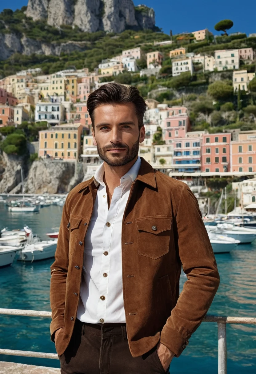 A 35 years old man, with a black pants,white social shirt, italian background, hands on the pocket, a brown jacket with a collar and buttons, brown jacket, clothes, very aesthetic jacket, clothing and boots, brown jacket,jacket, short brown jacket, brown jacket with long sleeves, and suede, jackets, brown clothes, jerkin, western clothing, brown shirt, clothing photography ,amazing italian background, 4k, realistic ,boats are docked in the water near a town on a hill, italian mediterranean city, mediterranean island scenery, italy, southern european scenery, gulf of naples, beautiful italian beach scene, mediterranean city, capri coast, fantasy italy, naples, mediterranean, beautiful place, mediterranean vista, beauitful, incredibly beautiful, unknown, beautiful high resolution, happy italian beach scene, imposing