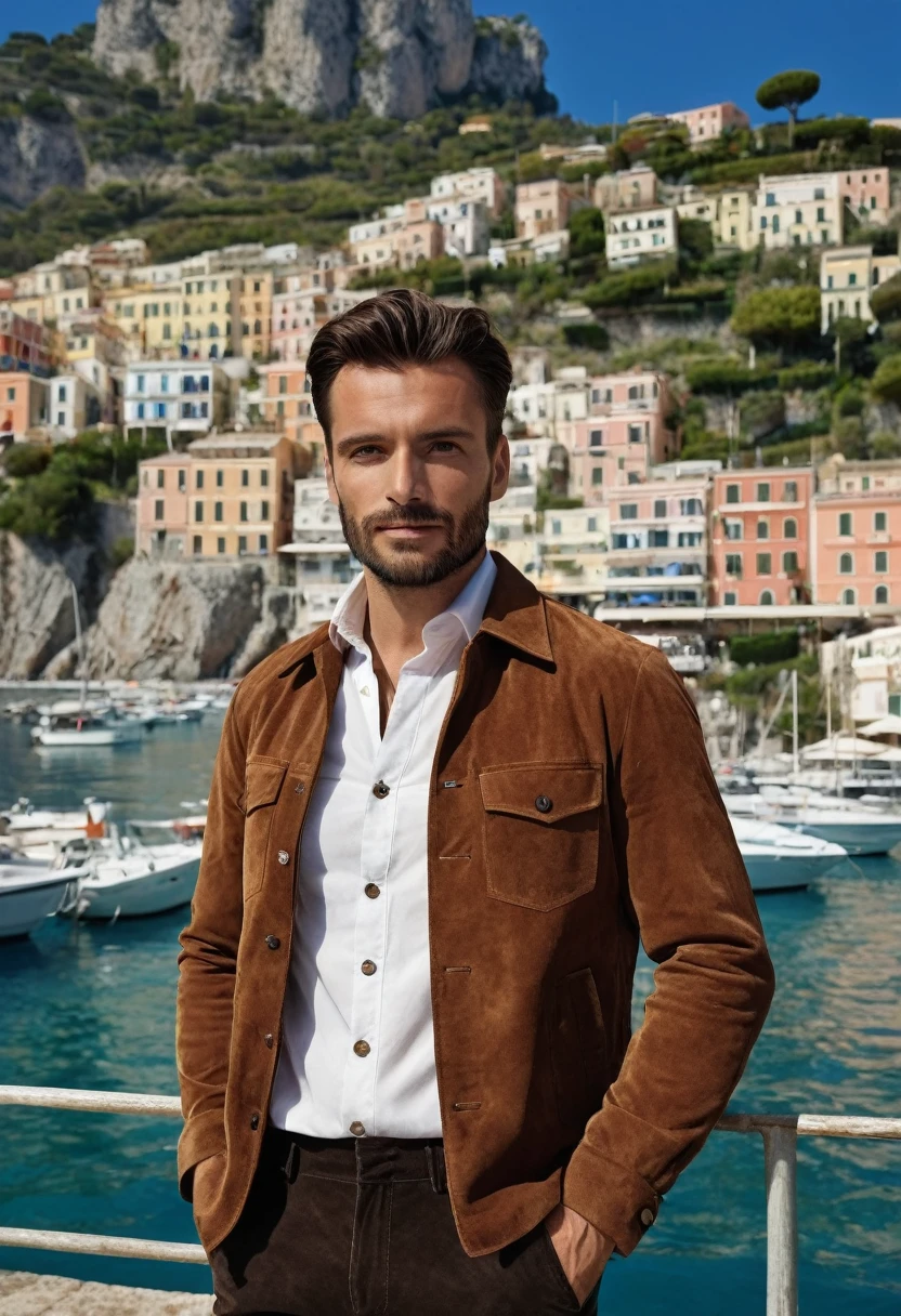 A 35 years old man, with a black pants,white social shirt, italian background, hands on the pocket, a brown jacket with a collar and buttons, brown jacket, clothes, very aesthetic jacket, clothing and boots, brown jacket,jacket, short brown jacket, brown jacket with long sleeves, and suede, jackets, brown clothes, jerkin, western clothing, brown shirt, clothing photography ,amazing italian background, 4k, realistic ,boats are docked in the water near a town on a hill, italian mediterranean city, mediterranean island scenery, italy, southern european scenery, gulf of naples, beautiful italian beach scene, mediterranean city, capri coast, fantasy italy, naples, mediterranean, beautiful place, mediterranean vista, beauitful, incredibly beautiful, unknown, beautiful high resolution, happy italian beach scene, imposing