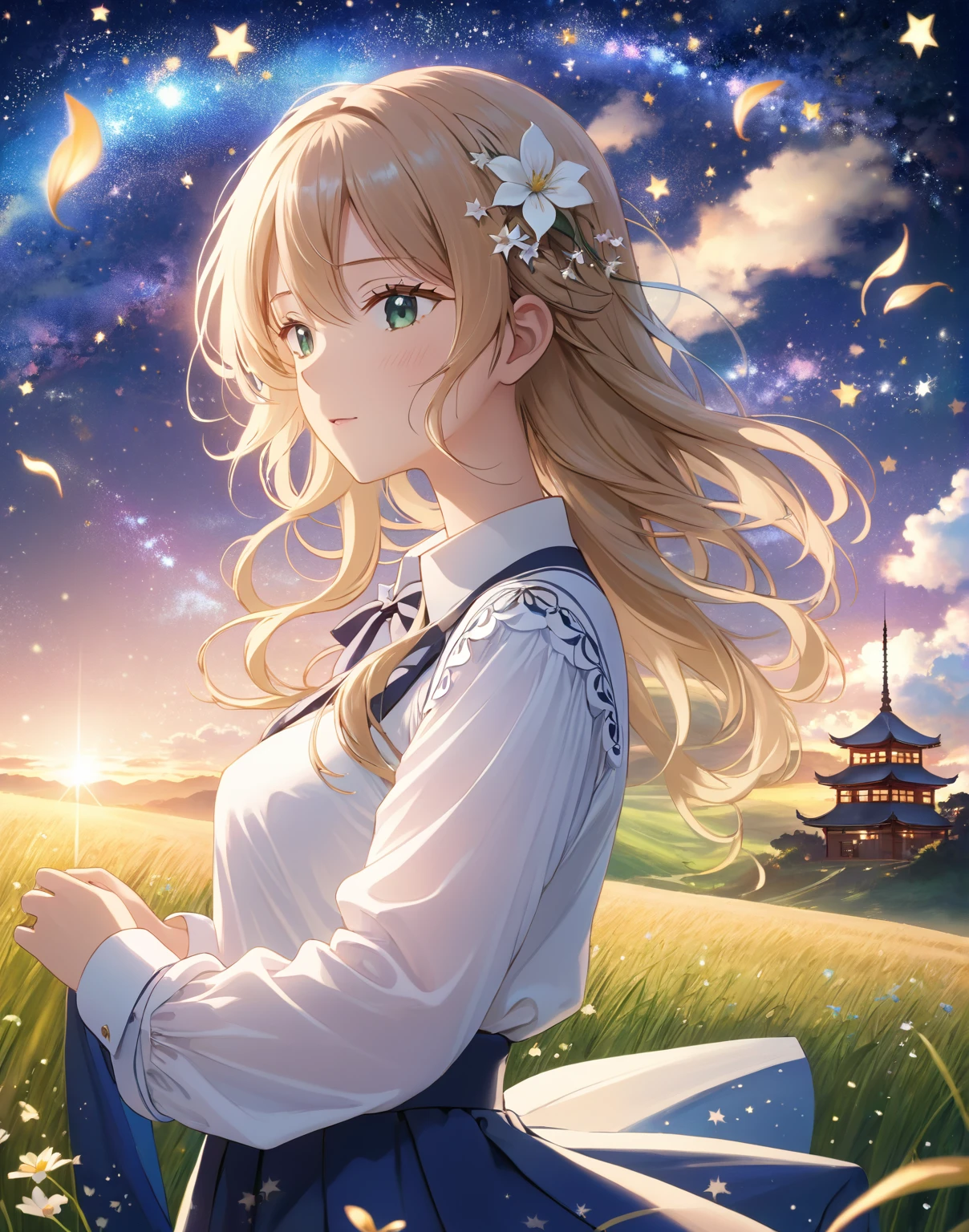 超detailedなイラスト:1.2),Very delicate and beautiful,非常にdetailed,CG,Unity,8k wallpaper,wonderful,detailed,masterpiece,The best quality in the best condition,Official Art,非常にdetailed CG 8k Unbelievably ridiculous resolution,Beautiful and exquisite,High resolution,非常にdetailedな目と顔,1 Girl, Crafting, Starry Sky. sf. grassland. petal.
White shirt, skirt, Wind.
超detailed, Highest quality.