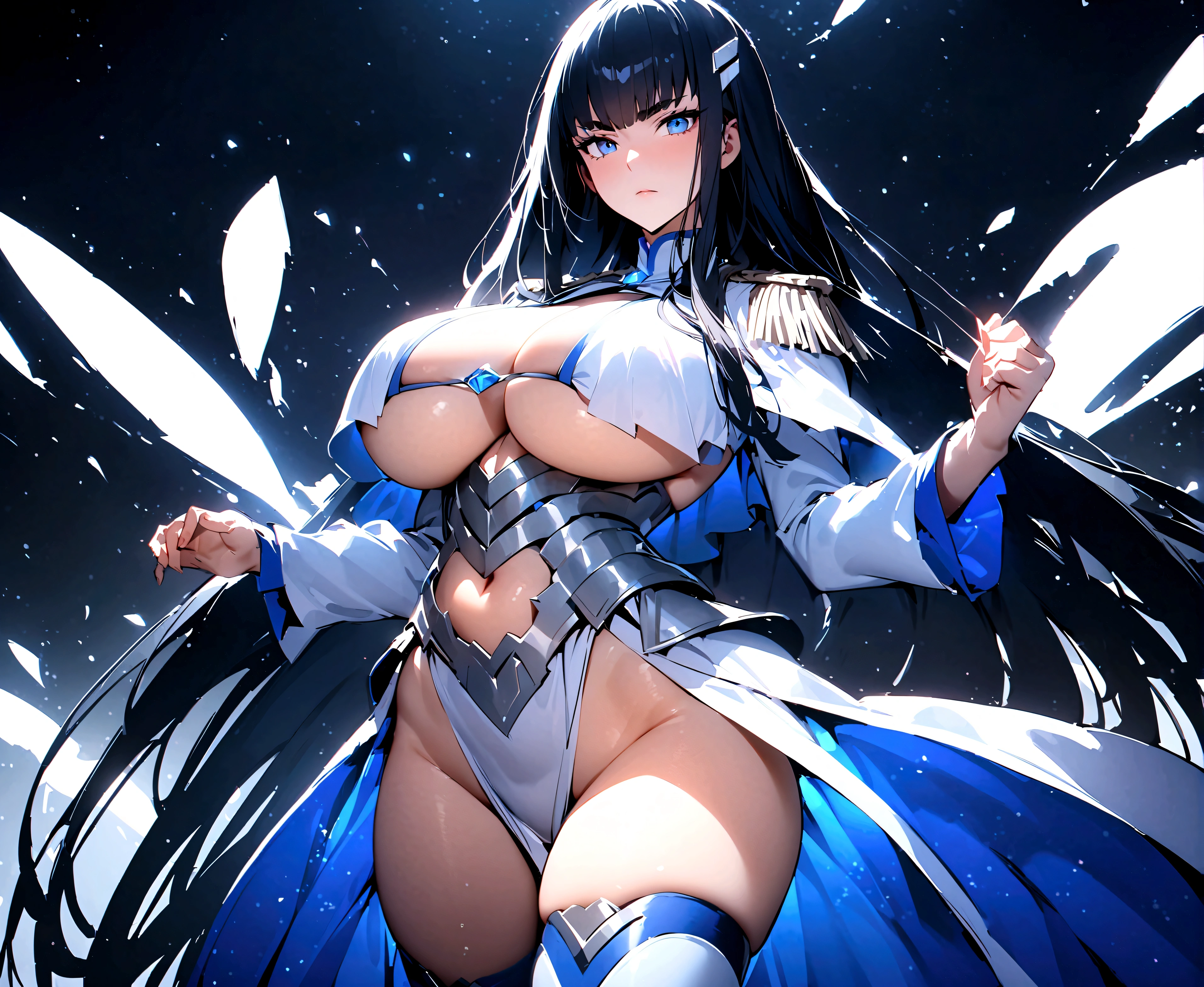 beautiful、masterpiece、Highest quality、Highly detailed face、Perfect lighting、Big Breasts熟女、Big Breasts熟女、Big MILF、solo、Kiryuin Satsuki、blue eyes、Purebred、Long sleeve、Epaulettes、belly button、Underboob、Big Breasts、cutting、dress、good、gem、White uniform、skirt、Thigh-high boots、Cowboy Shot、Expressionless、Simple Background