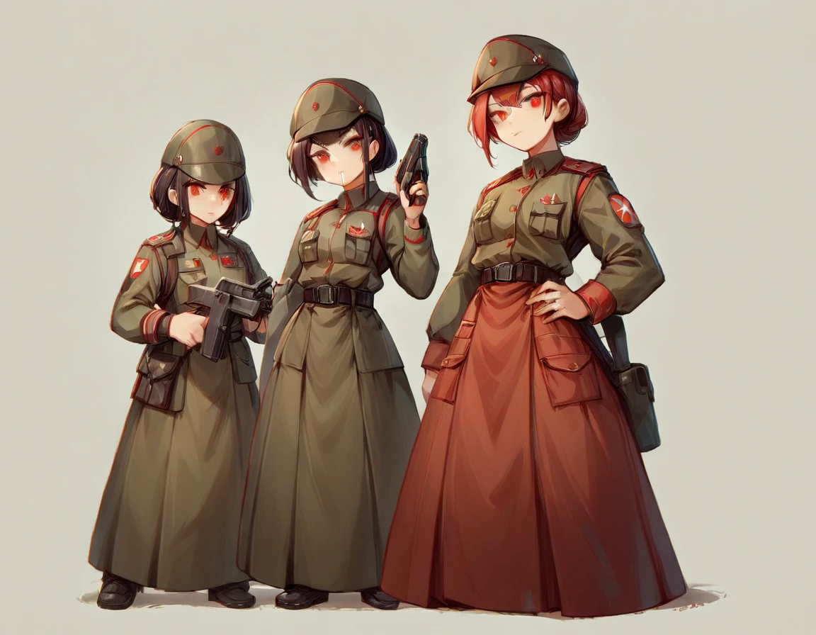 A platoon of girls wearing bright red military uniforms and long red skirts、A pair of platoon leaders and soldiers wearing red military uniforms and red long skirts and equipped with assault rifles and handguns