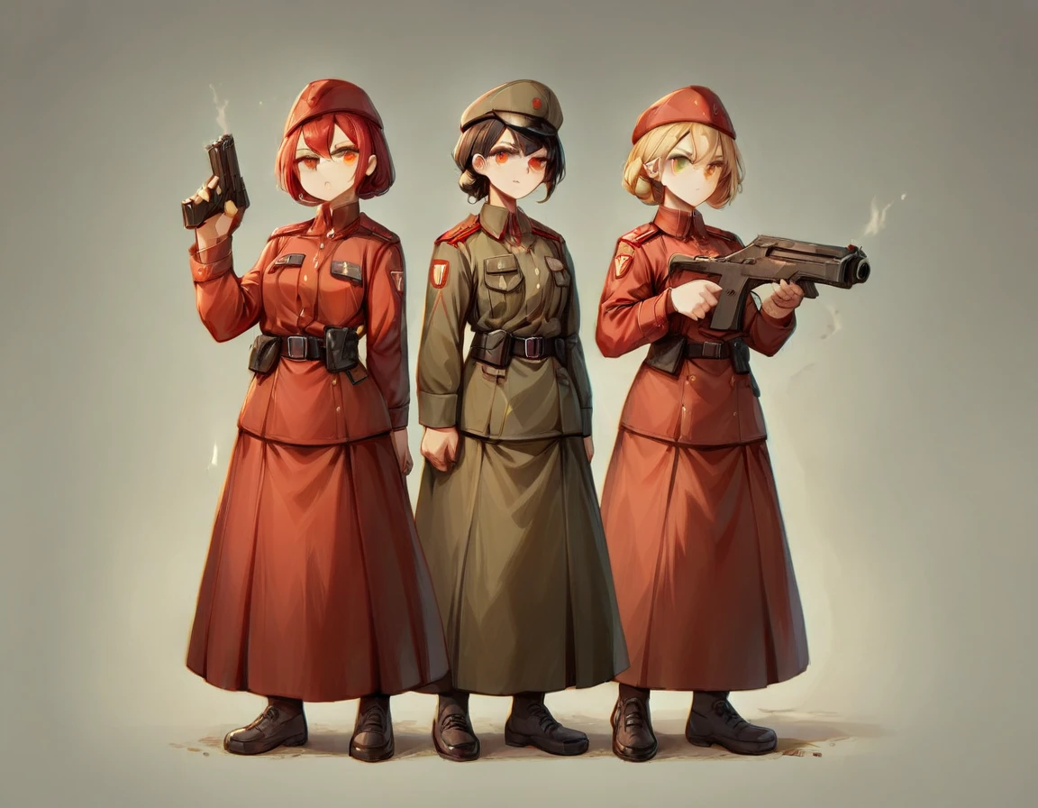 A platoon of girls wearing bright red military uniforms and long red skirts、A pair of platoon leaders and soldiers wearing red military uniforms and red long skirts and equipped with assault rifles and handguns