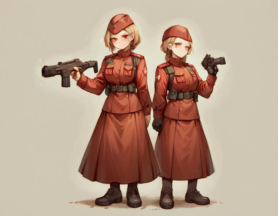 A platoon of girls wearing bright red military uniforms and long red skirts、A pair of platoon leaders and soldiers wearing red military uniforms and red long skirts and equipped with assault rifles and handguns