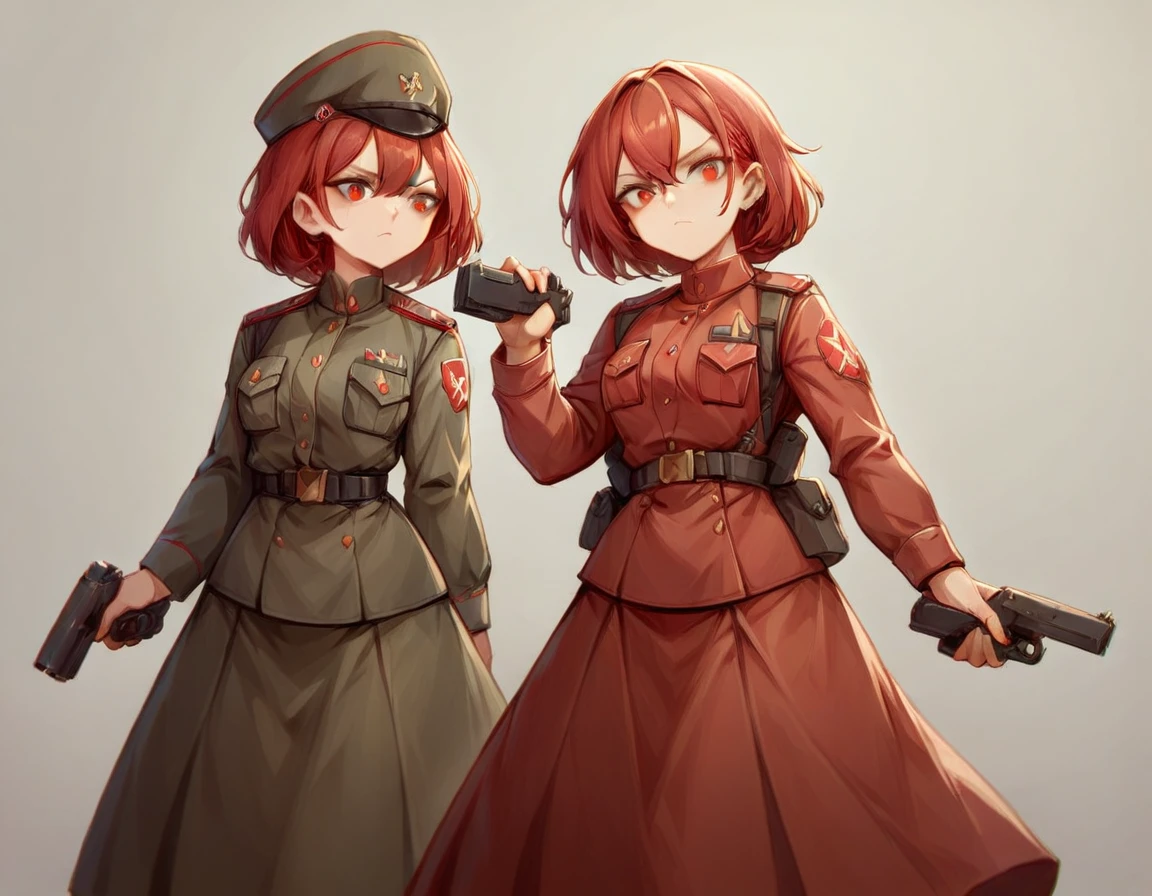 A platoon of girls wearing bright red military uniforms and long red skirts、A pair of platoon leaders and soldiers wearing red military uniforms and red long skirts and equipped with assault rifles and handguns