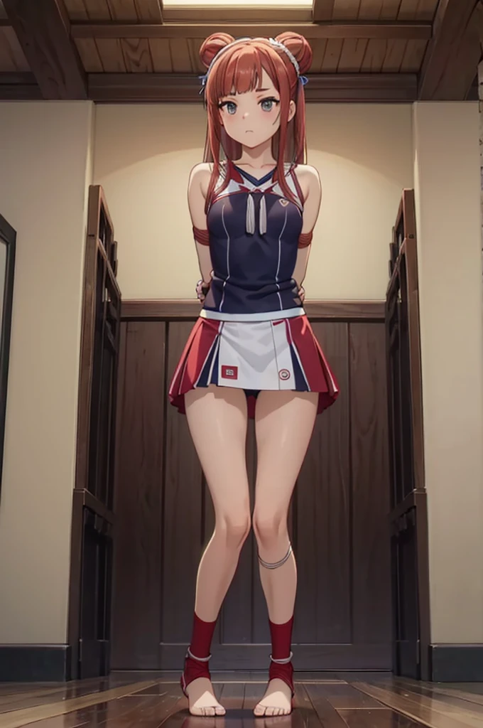 (from the front:1.5), From below, whole body, Focus Only, Beautiful 16 year old girl, Are standing,Spread your legs, basketballのユニフォーム, Best Uniform,bra,bottomless, (shibari), Analog Style, (Pull your arms back), Restrained legs and arms, View your audience, (Embarrassing), School gym, basketball, indoor, (masterpiece, Highest quality:1.3)